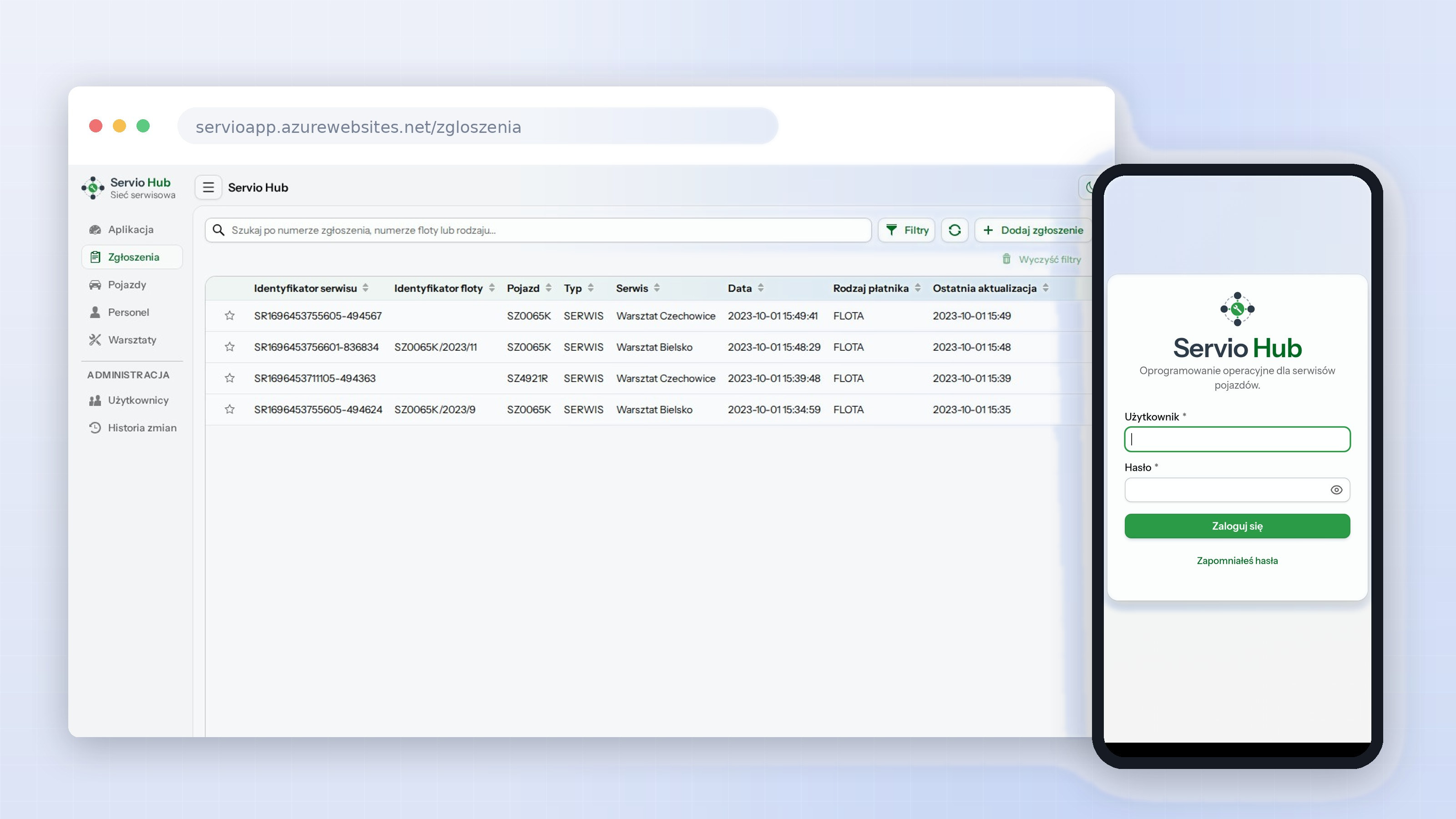 Lista zgłoszeń na desktopie i mobilny ekran logowania — ServioHub